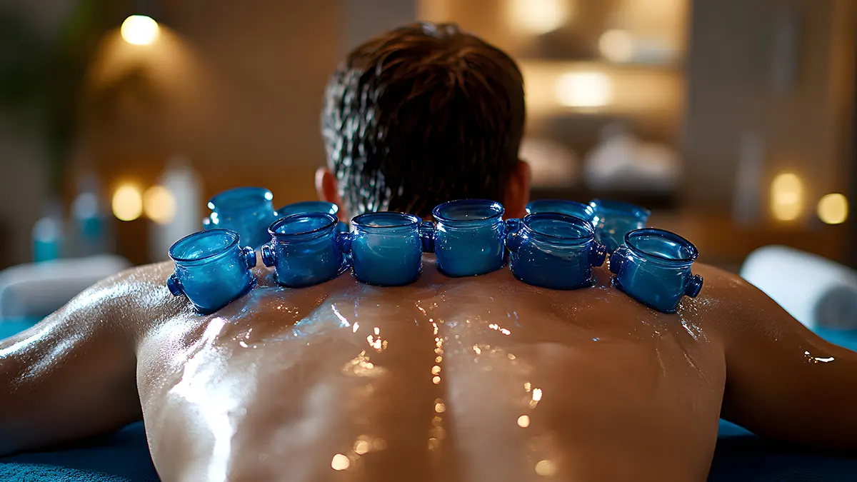 Plastic suction cups on a person's back during cupping therapy for pain relief and improved circulation
